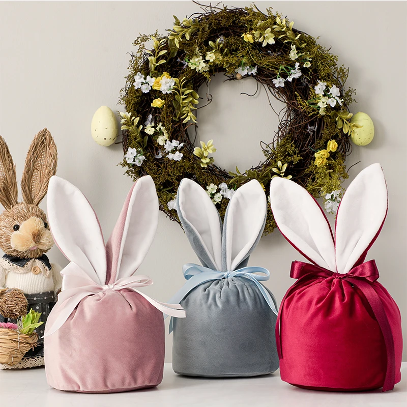 Wholesale Party Decoration Easter Gift Buckets Cute Velvet Bunny Bags Easter Basket
