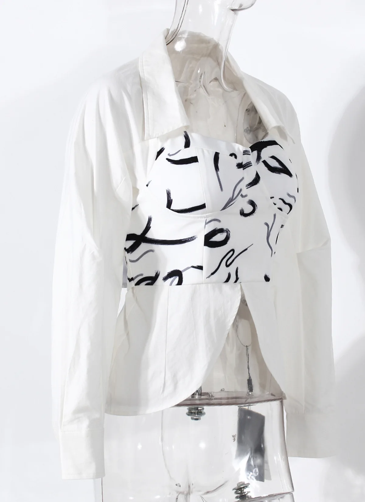 Two Piece Set Women Blouse Corset Shirt Black Printed Pattern Corset Attached White Blouse Full Short Adults High Street Support