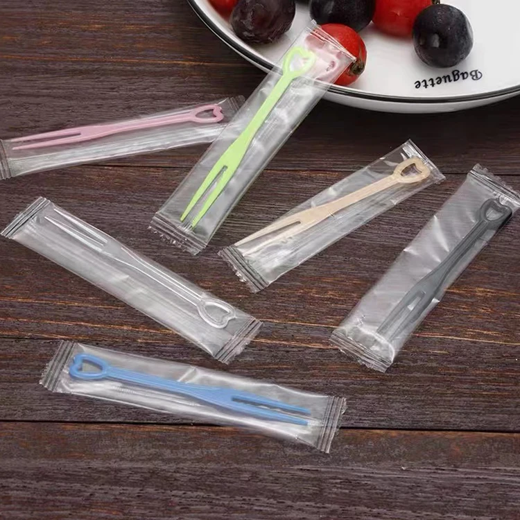 Heart shape mini small clear pink blue ps plastic snack fruit moon cake disposable fork