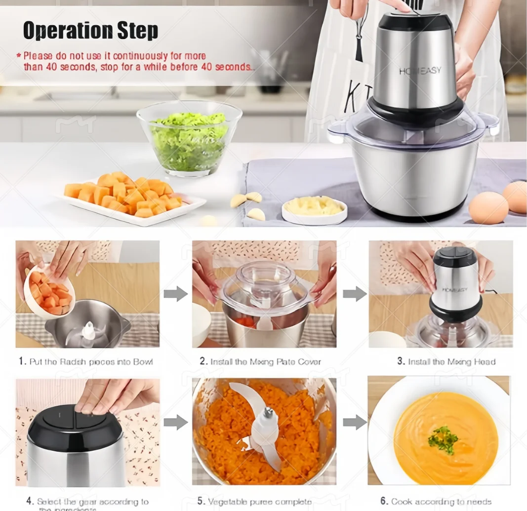 Meat Grinder Electric, Food Processor 2L Stainless Steel  Customize  Meat Blender Food Chopper Kitchen Food  Grinder