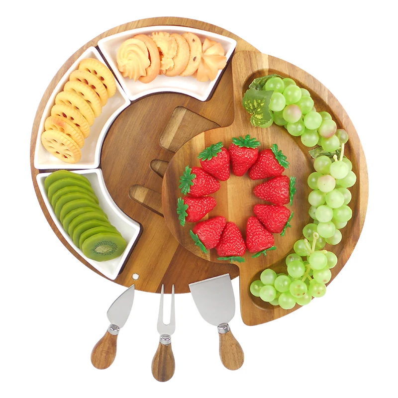 Round Bamboo Cheese Cutting Board Set Charcuterie Acacia Wood Wooden Charcuterie Board Platter Hidden Cutlery Drawer
