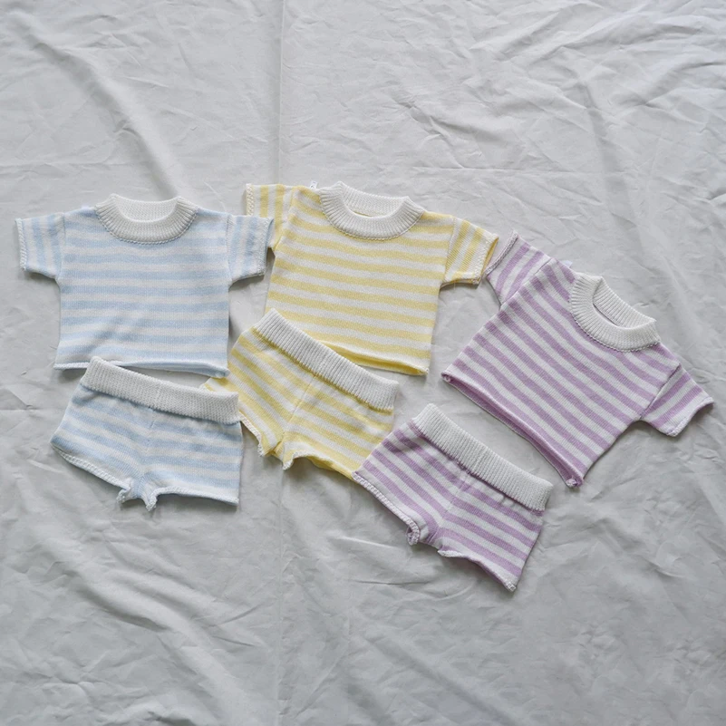 Custom Toddlers Hand Knit Two Pieces Shorts Set Chunky Knit Oversized Stripped Tee 100%Cotton Knitted Outfits Kids Knitwear