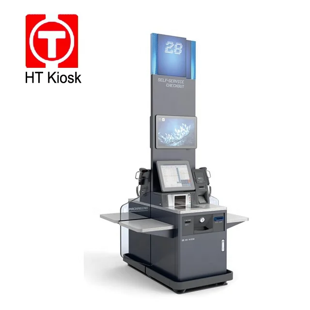 Self check out kiosk with touch screen and ads screen Bags packing self payment Custom thermal printer kiosk