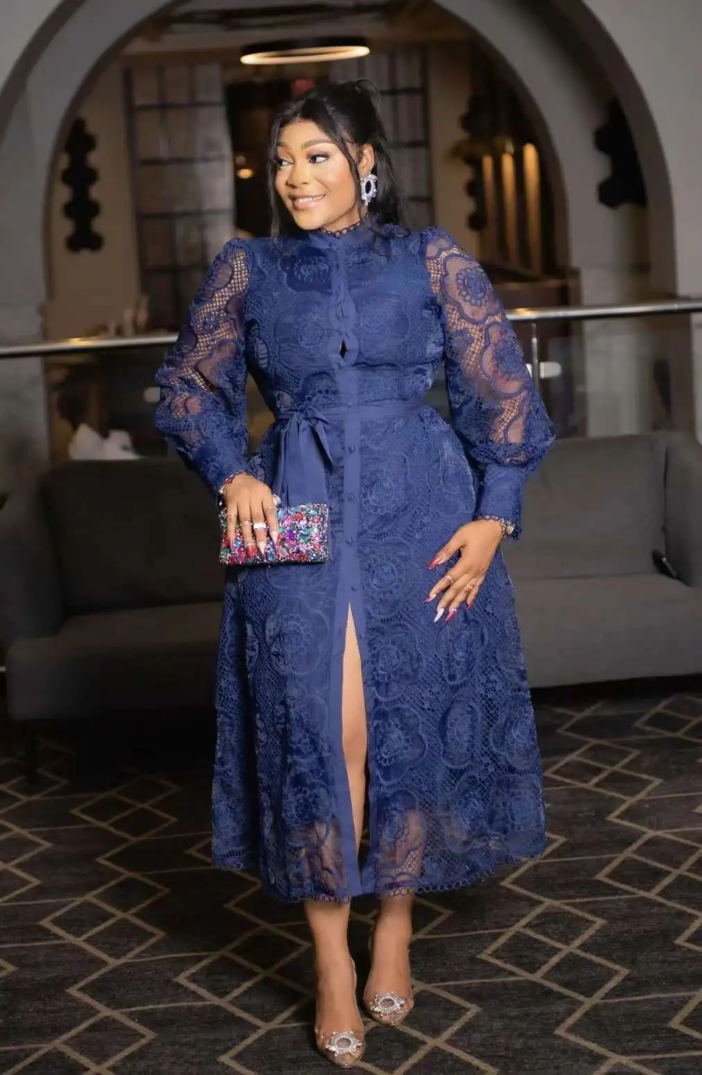 Newest Large size Single-Breasted Long Sleeves Solid Color Elegant Fashion Evening Party  Lace tunic Woman Dress