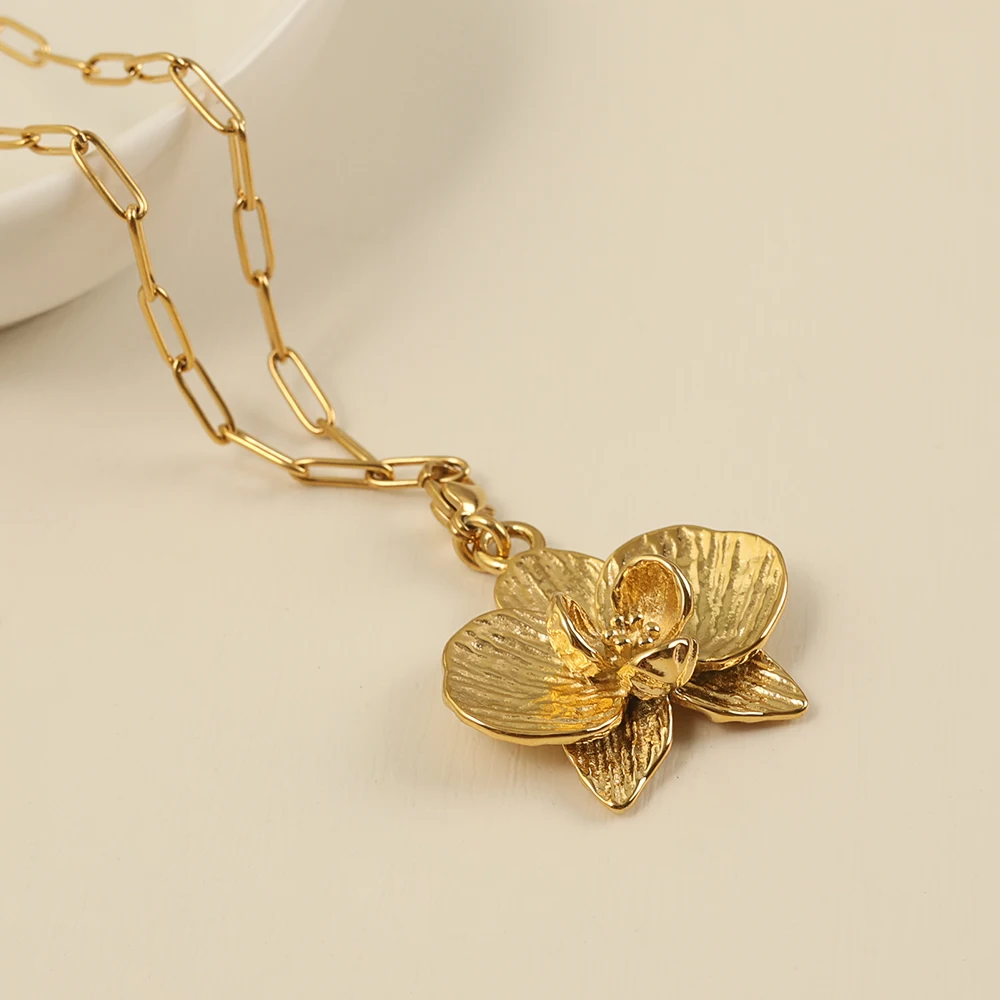 Vintage Orchid Necklace 18K Gold Plated Detachable Pendant with Clasp Customized Necklace Stainless Steel Flower Necklace