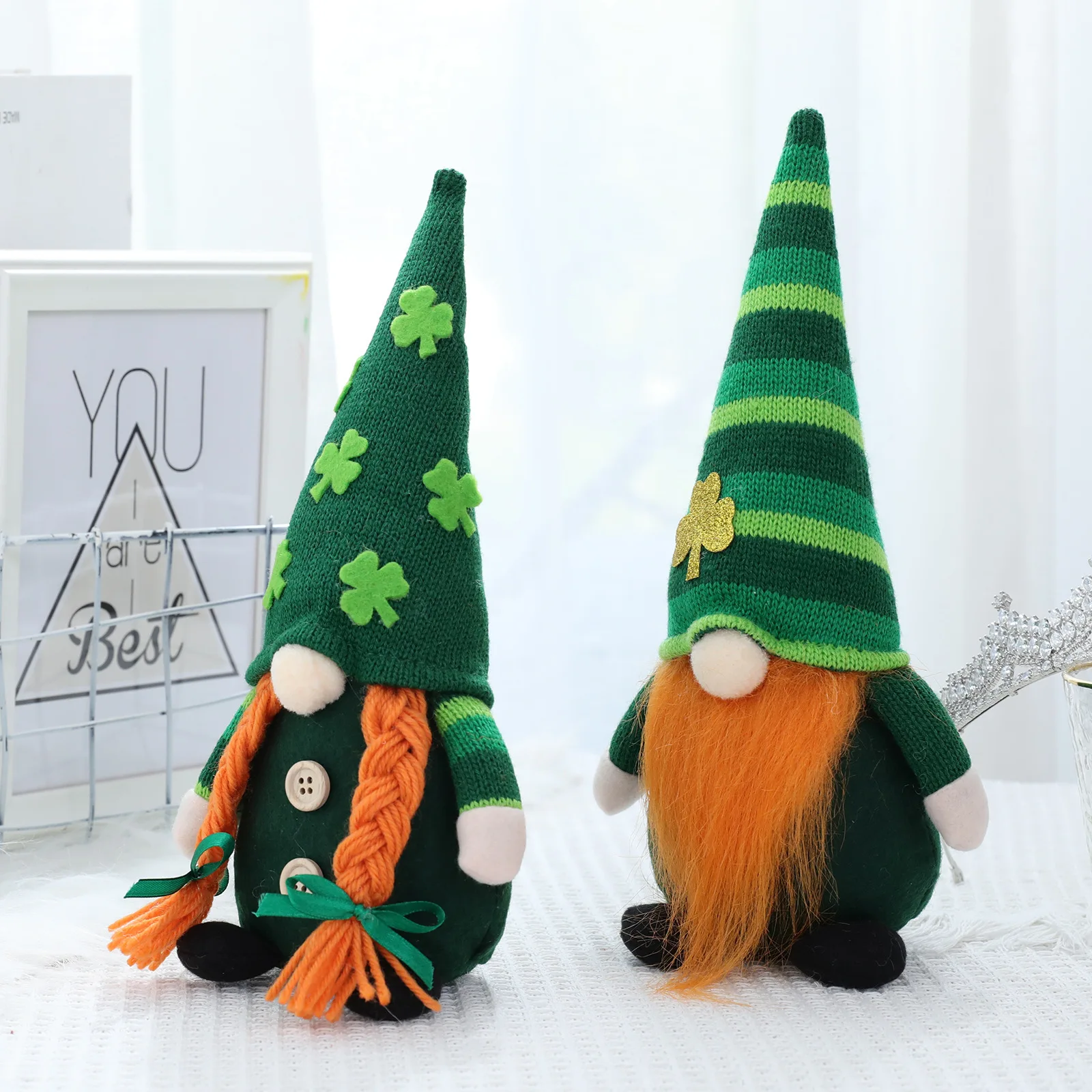 B042 2Pcs Mr And Mrs Green Buffalo Check Plaid Handmade Scandinavia Irish Decorations Home Table Ornaments St Patricks Day Gnome