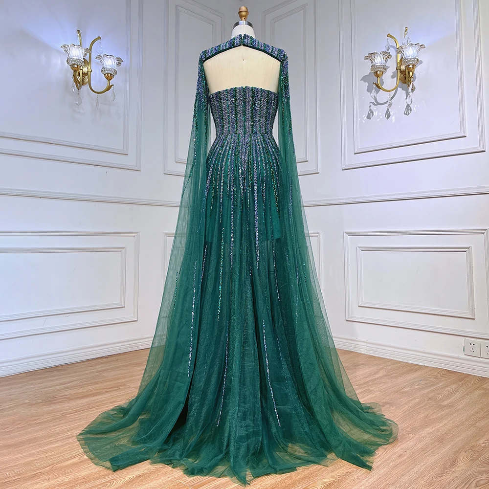 Green Cape Sleeves A Line Beaded Full-length Evening Dresses Serene Hill LA71912 Long 2023 Party Gowns For Woman Wedding