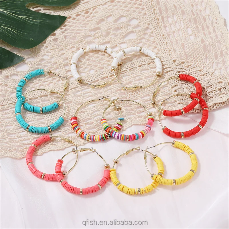 Multicolored Bohemian Beaded Clay Beach Jewelry Handmade Oversized Exaggerated C Shape Hoop Earrings