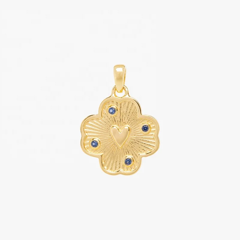 925 Sterling Silver 14K Gold Plated Fashion Fine Jewelry Vermeil Medallion Heart Four Leaf Clover Charm Pendant Necklace Women
