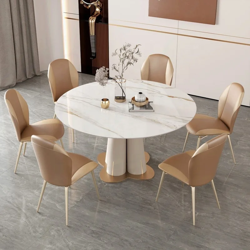 New Modern Home Furniture Stainless Steel Titanium Sealed Glazed Stone Plate Round Marble Table Top Leather Chair Set