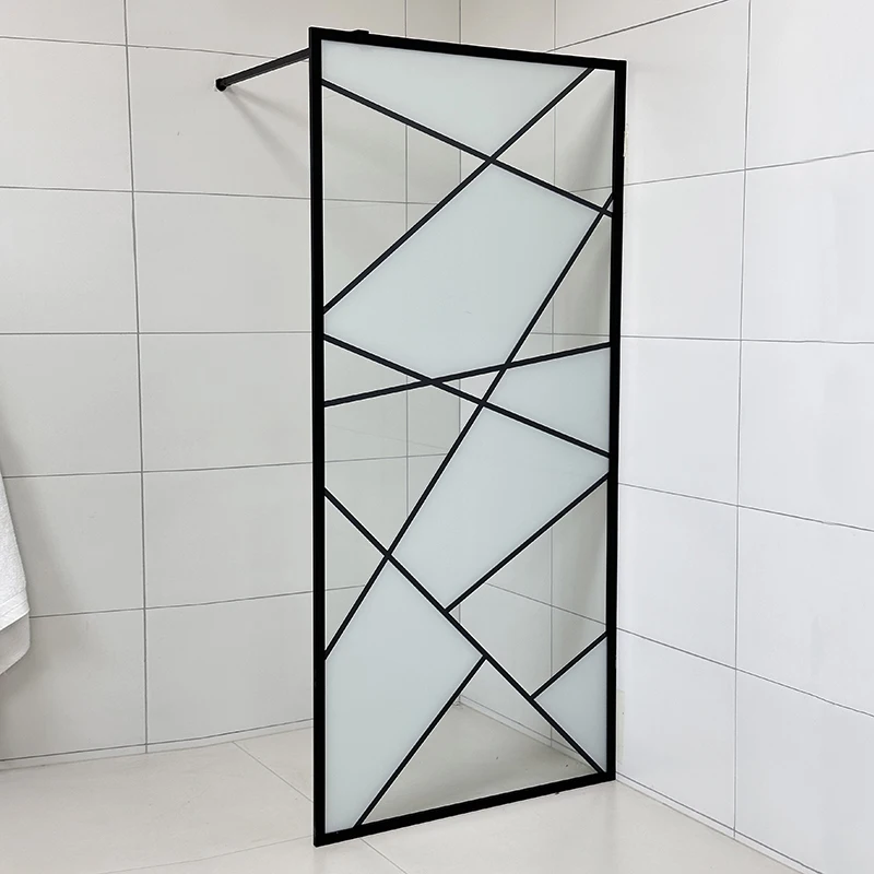 Modern Design 6mm 8mm Frosted Tempered Glass Panel Shower Screen Walk-in with Framed Matte Black Aluminum Profile for Hotels
