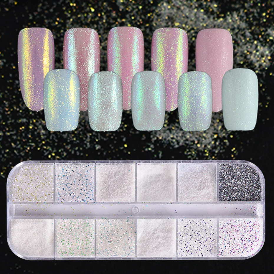 12 Type/Box Dazzling Sandy Nail Glitter Dust Effect AB Colorful Sugar Fine Powder Nails Art Sequins