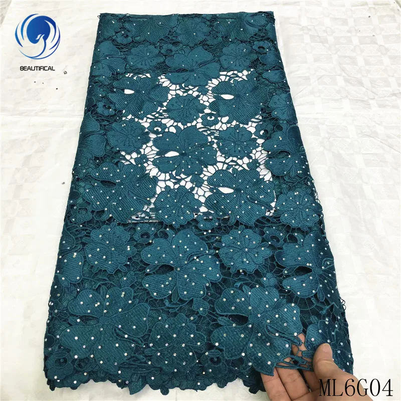 Beautifical african cord lace guipure green cord lace fabric with stones guipure lace embroidery ML6G04