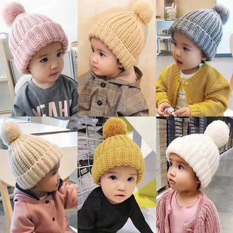 Winter Newborn Baby Knit Hat Toddler Boy Ball Thick Warm Cute Solid Color Hat Super Soft Wool 1-5Years Beanie