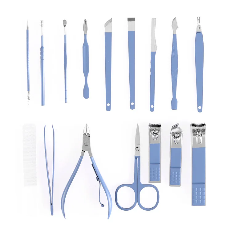 2025 New YD Pedicure Manicure Set Blue 16 Piece Stainless Steel Beauty Nail Care Tools Kit Nail Clippers Set