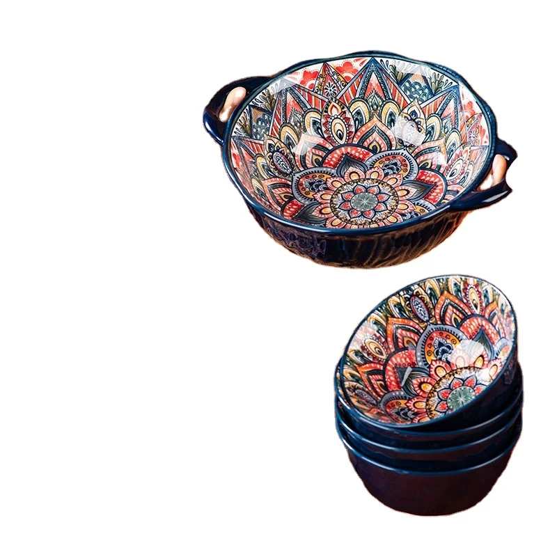 Bohemian Retro Dishes and Bowl Tableware Set Household Baking Tray Assorted Dishes Ceramic 2 Dinnerware Set