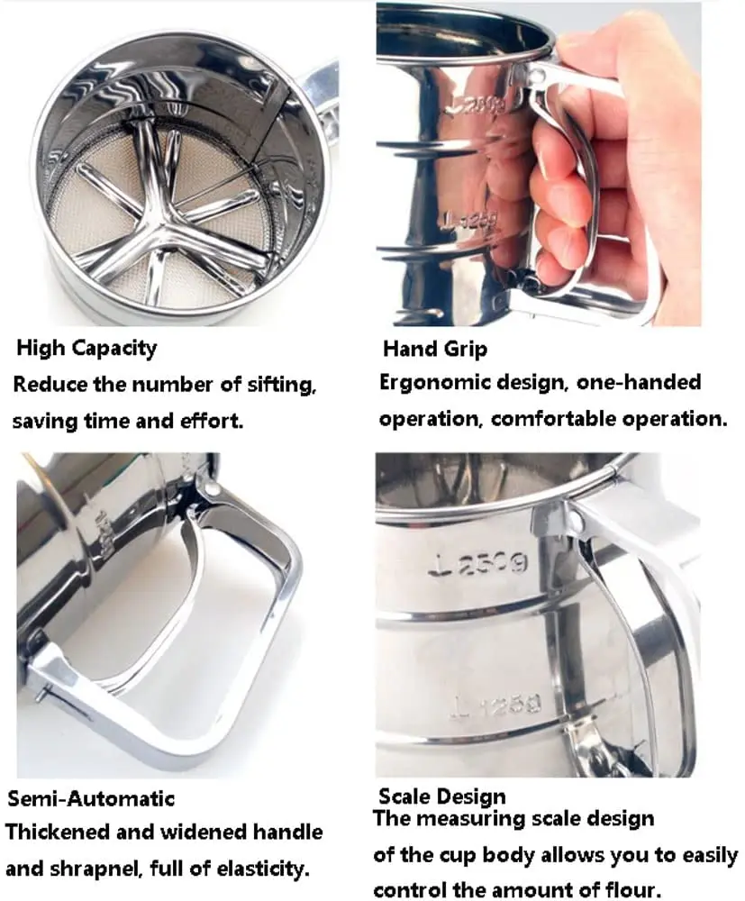 Stainless Steel Mesh Flour Sifter Mechanical Baking Icing Sugar Shaker Sieve Cup Baking Pastry Tools Powder Flour Sieve
