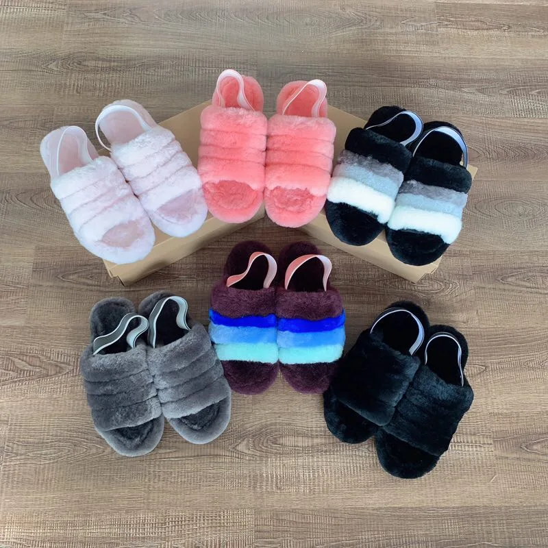 2020 wholesale lady Luxury Colorful Winter Warm Sheepskin Fur Slides for Women House Indoor Slippers Slides
