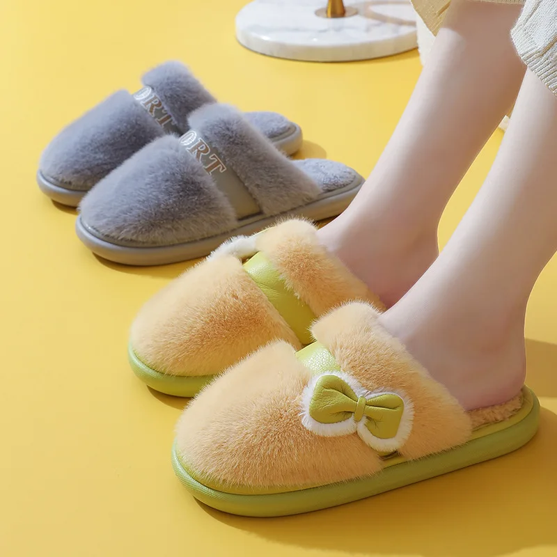 Bow Knot Beauty Comfort Fashion Closed Toe Warm Winter Sofe Fur Home Slippers