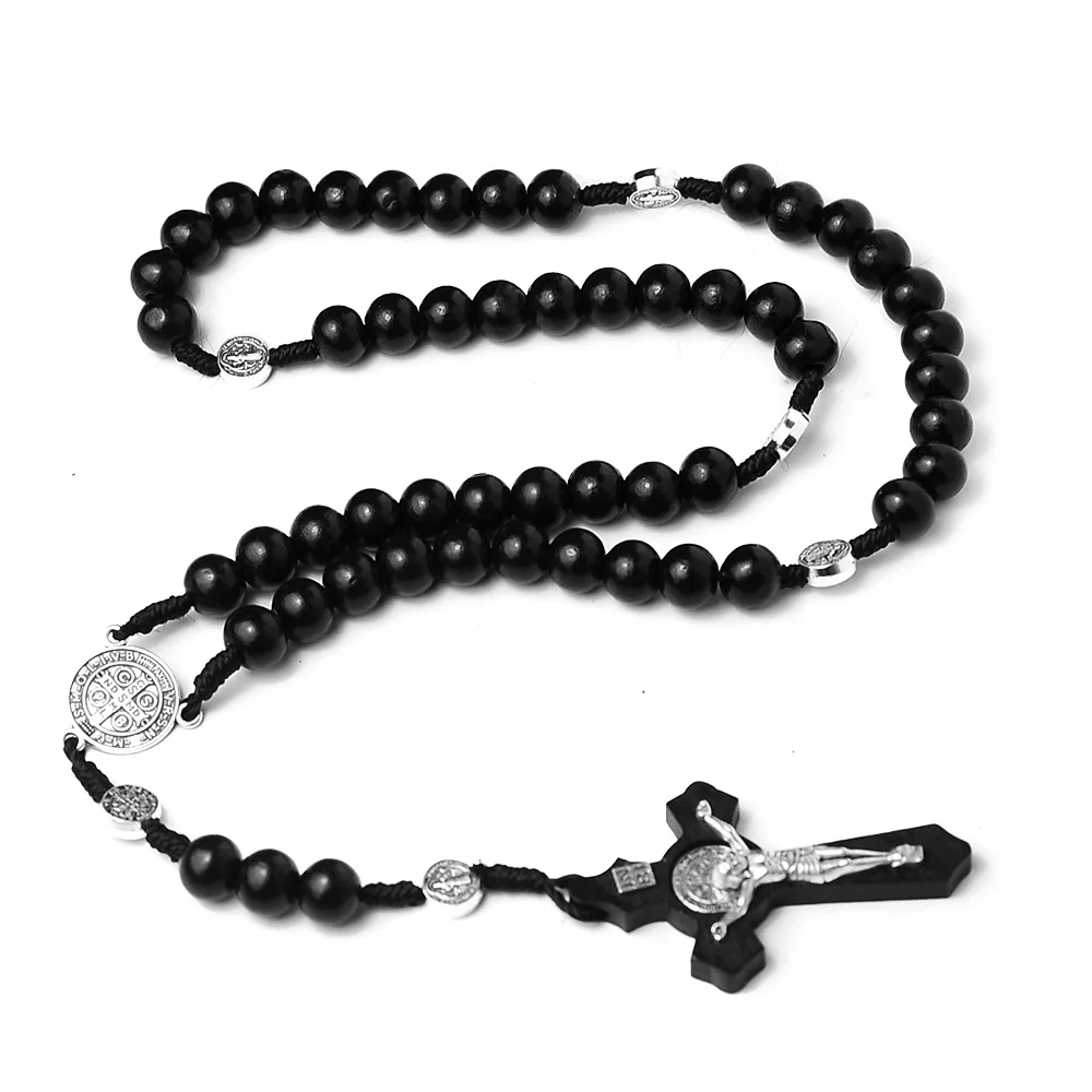 Wholesale Handmade Wooden Natural Pine Cross Pendant Rosary Christian Religious Cross Mary Necklace Hand-Woven Jewelry