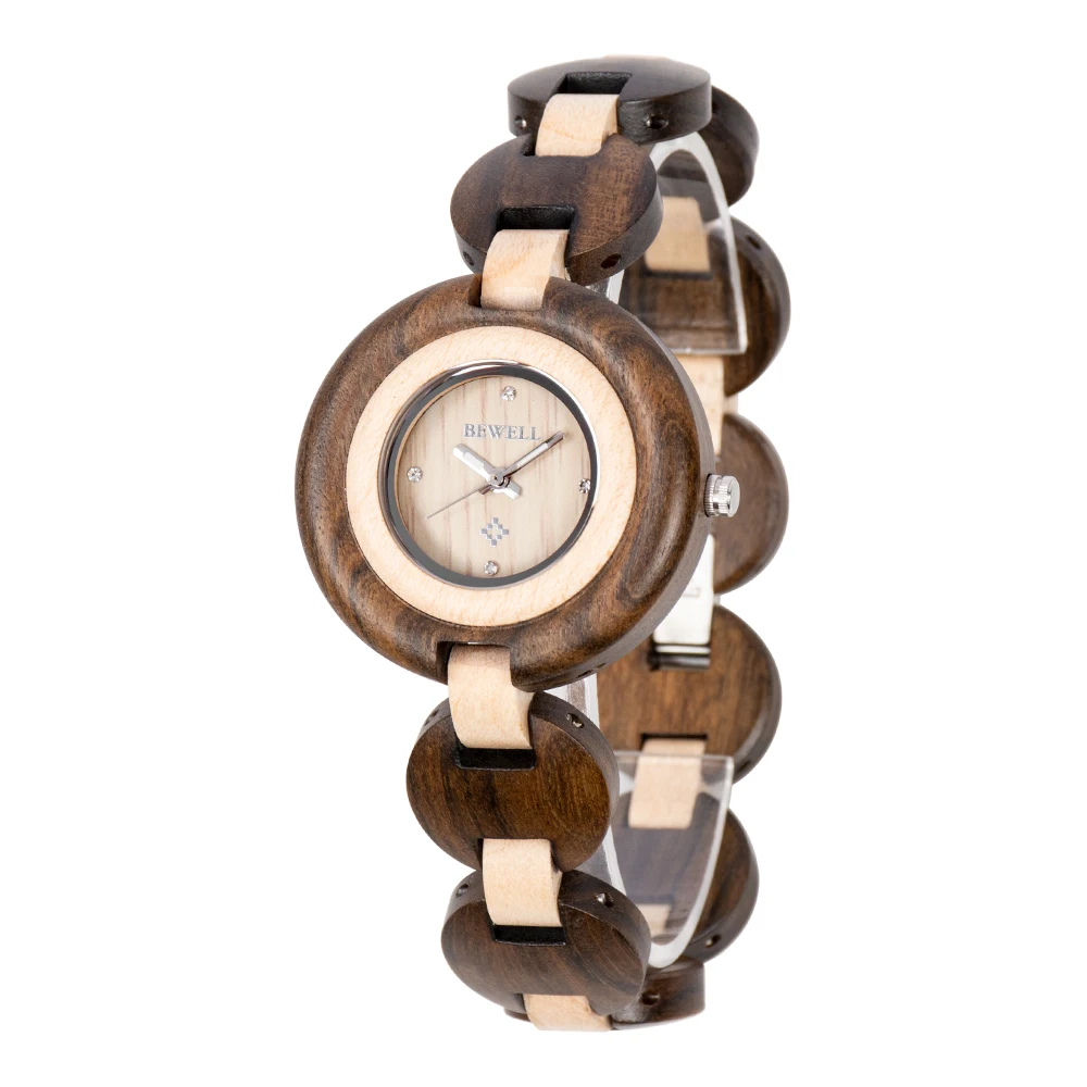 BEWELL Fashion Luxury Popular Gift Real Wood Mix Wood Stone index dial Ladies/Women Wrist Wood Watch