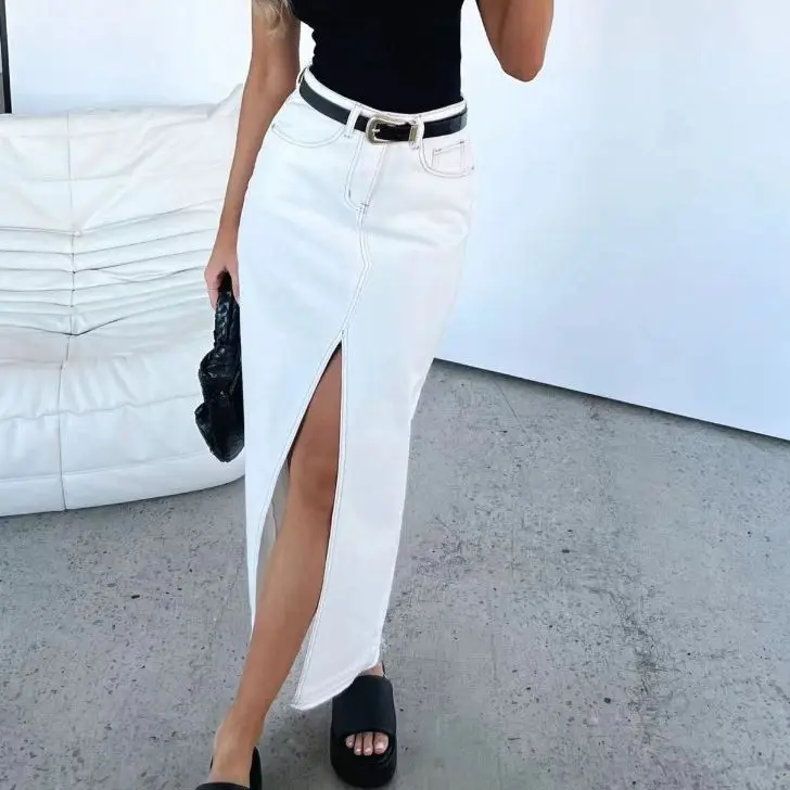 Elegant European and American Women s High Waisted Denim Skirt Fashionable Solid Color Half Skirt with Slit
