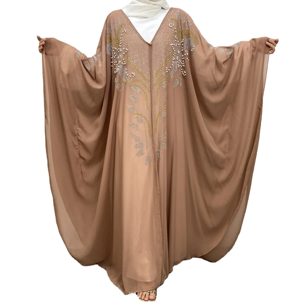 New Style Islamic Clothing Dubai Eid Modest Kimono Kaftan For Muslim Women Dress Bead Rhinestone Batwing Chiffon Open Abaya