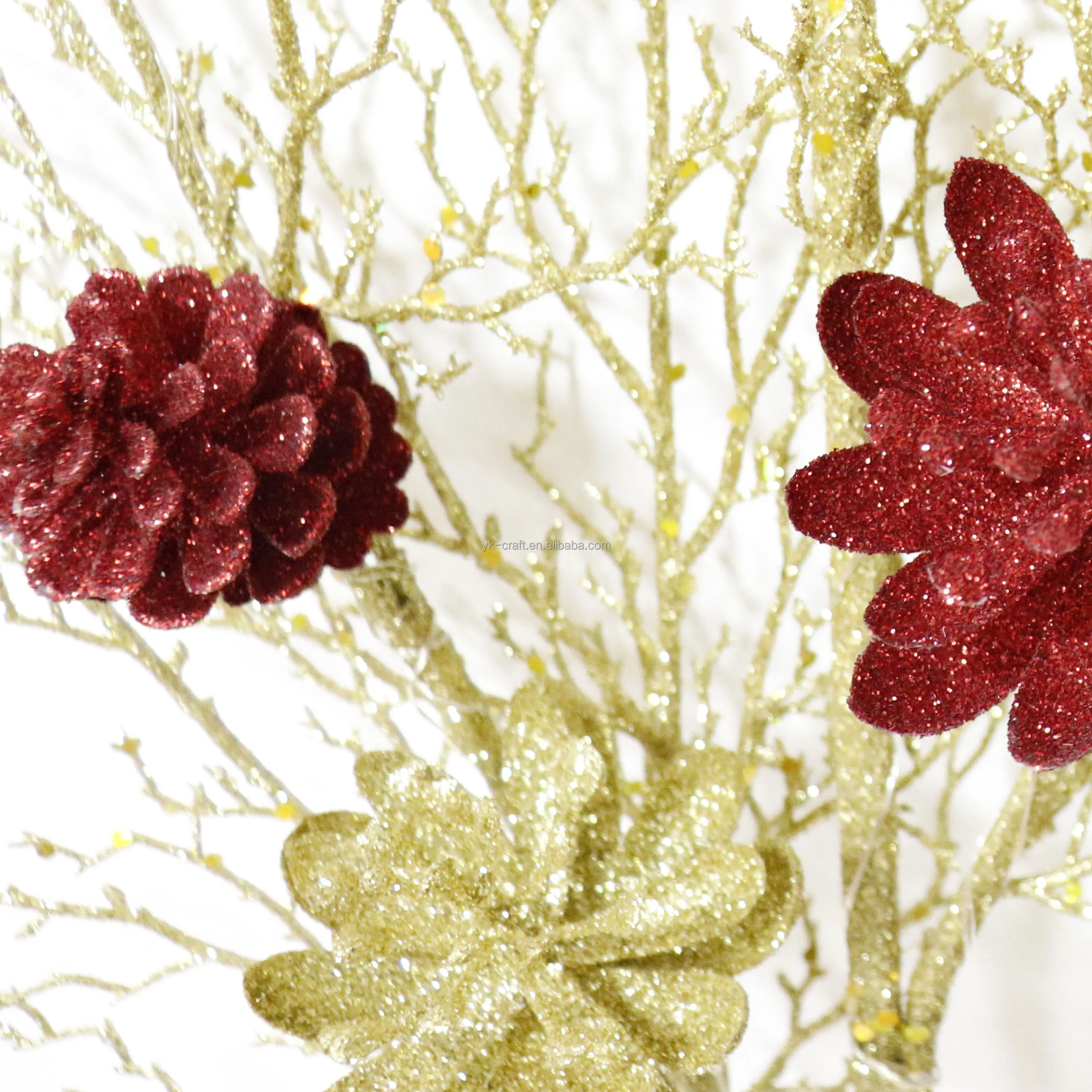 Wholesale Plastic Gold Leaves Picks Pine Cone With Red Flowers Spray Glitter Branch Xmas Decoration Long Pick With Led Lights