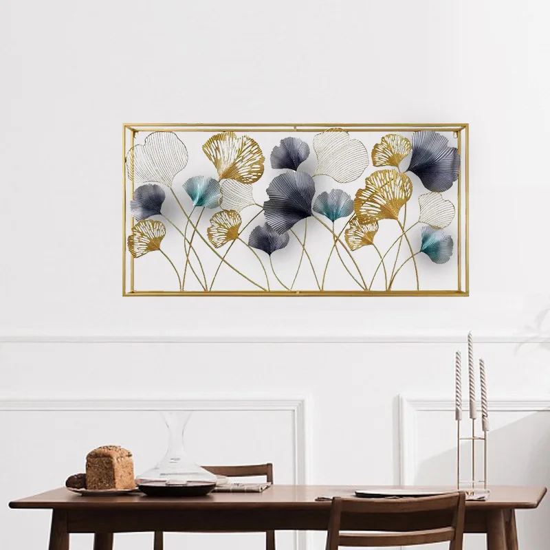 Home Light Luxury Garden Decoration Metal Rectangular Golden Ginkgo Biloba Old Style 3D Wire Metal Wall Art