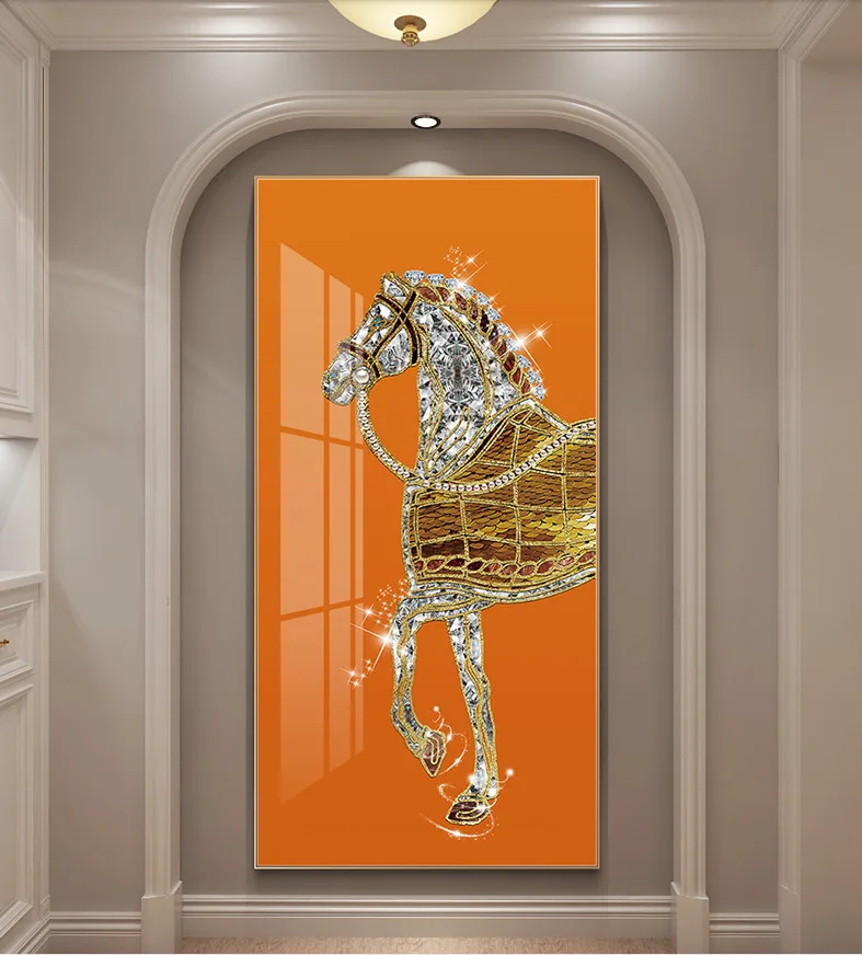 Modern Home Decor Luxury Crystal Porcelain Diamond Animal Horse artwork Wall Decoration High Quality Picture Wall Hanging