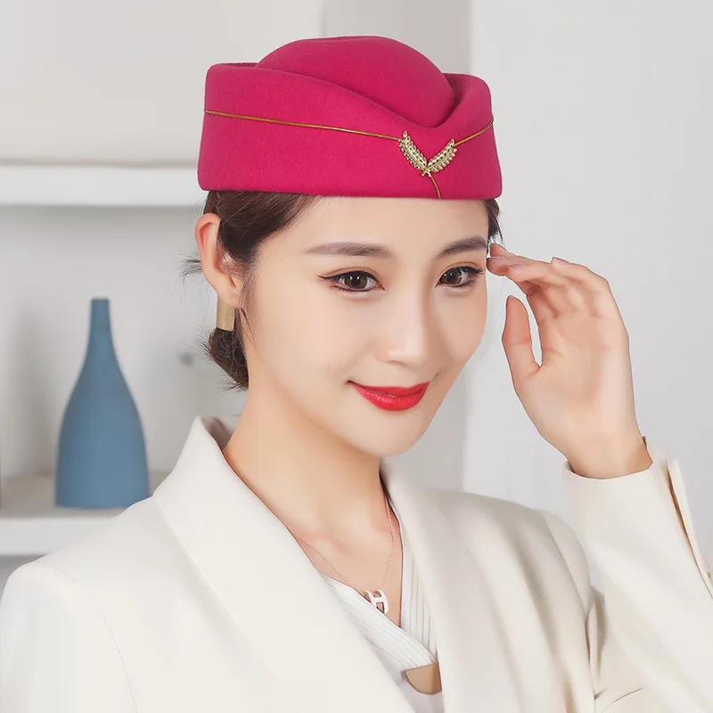 Wholesale Airline Stewardess Hat Fashion Girls Wool Beret Hat Women French Cap Cosplay Prop Stewardess Uniform