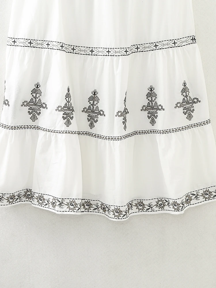 Floral embroidery white color drawstring waist casual fashion cotton long skirt for women