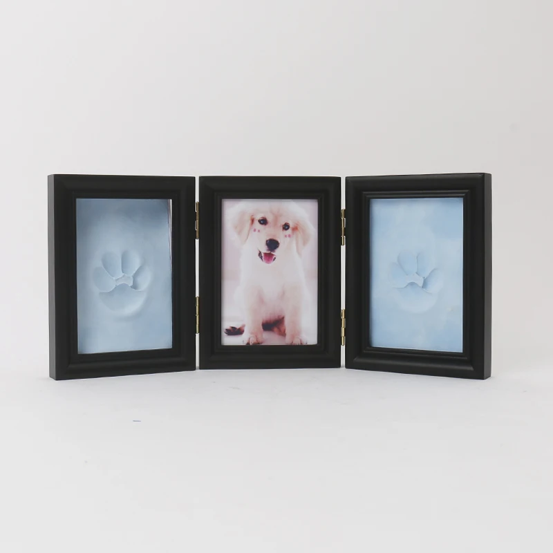 Foldable solid wood photo frame for easy placement as a beautiful gift for pets with pressed paw prints