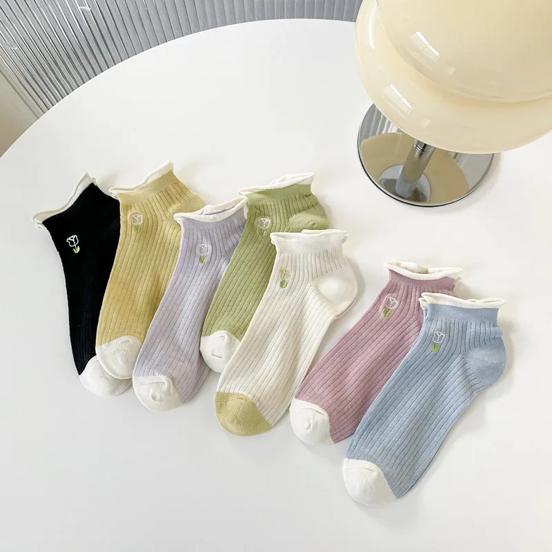 Summer Korean In Stock Fashion Cute Embroidery Flower Tulip Girls Socks Cotton Cozy Fancy Ruffle Women Ankle Socks