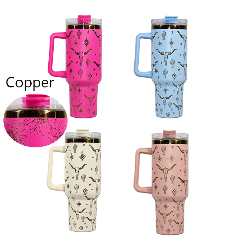 Изготовленная на заказ позолоченная медь 40 унций Двойная Изолированная Термокружка Из Нержавеющей Стали oz тумблер с ручкой соломенная