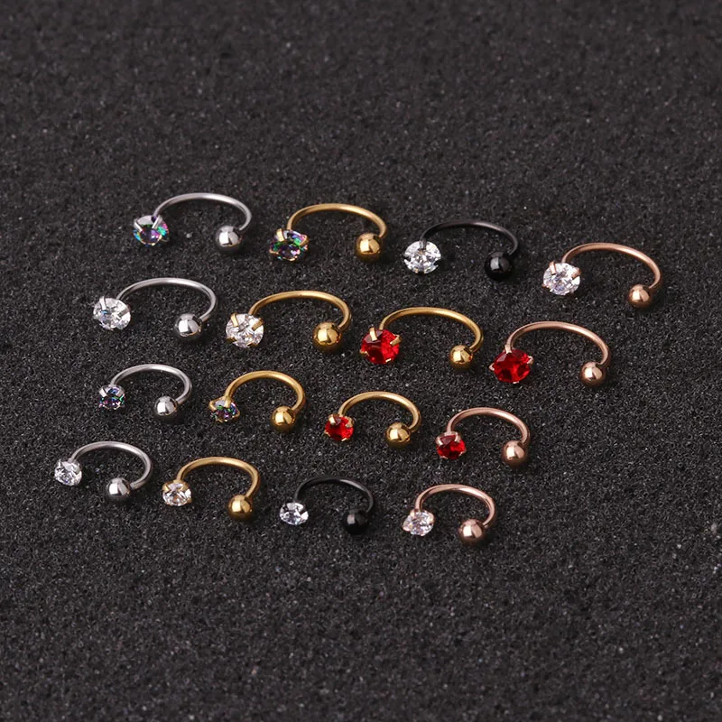 Europe Hot Sale Stainless Steel Screw Nose Nail Iced Out Cubic Zirconia CZ C Shaped Cartilage Tragus Ear Piercing Ring Jewelry