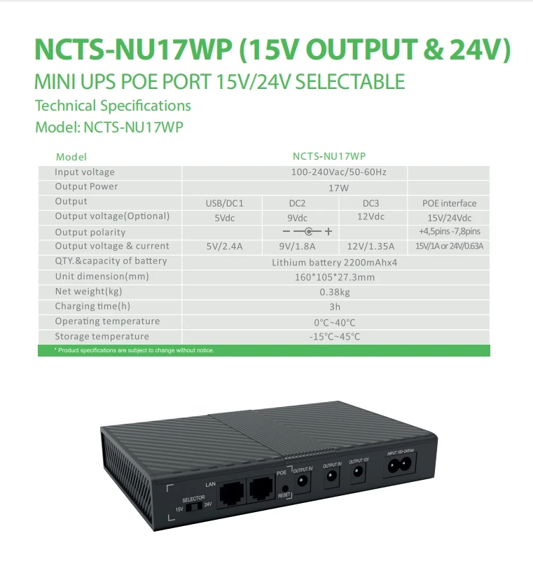 NCTS-NU17WP  MINI UPS POE PORT 15V/24V SELECTABLE Lithium Battery UPS On-Line Type Mini UPS for WIFI Router