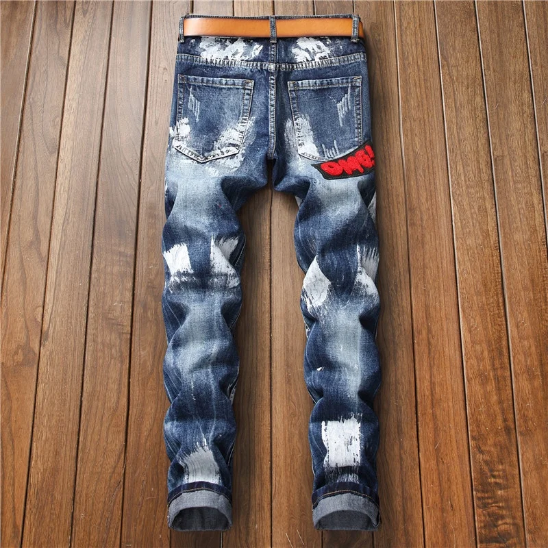 motor & biker hip hop regular paint patch embroidery patchwork jeans mens