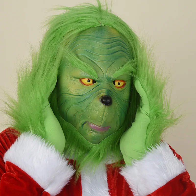 Christmas Grinch Green Suit Green Grinch Mask ,Grinch Gloves Christmas Hat Fancy Dress Party Costume, Monster Mascot Grinch