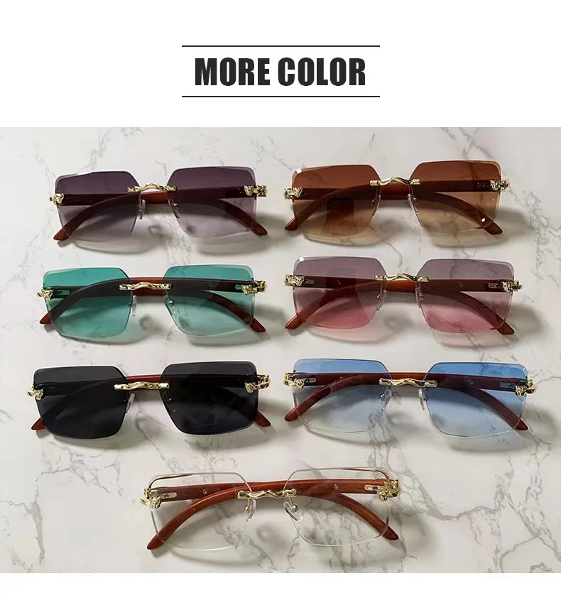 2024 Metallic vintage panther leopard rectangle Rimless cut edge classic sunglasses for unisex