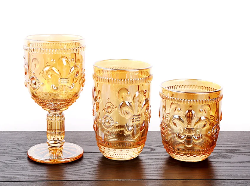 Multicolor Embossed Water Glasses Elegant Wine Glasses Amber and Rainbow Vintage Stemless Goblets for Wedding Party Daily Use