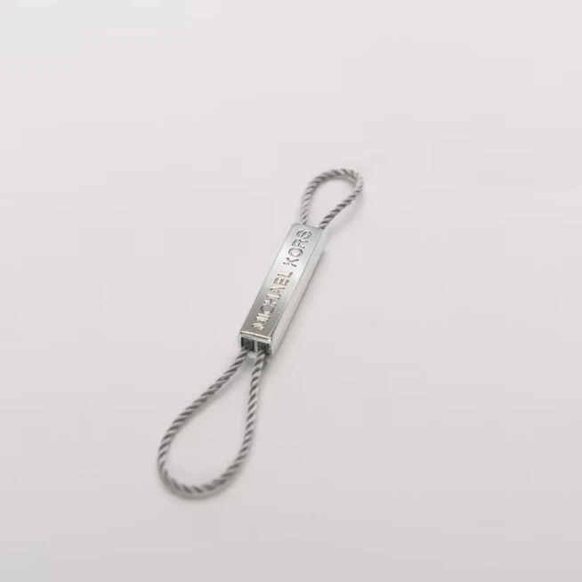 High end custom clothing double insertion suspension rope eco friendly nylon hanging tag rope engraved clothing hanging rope