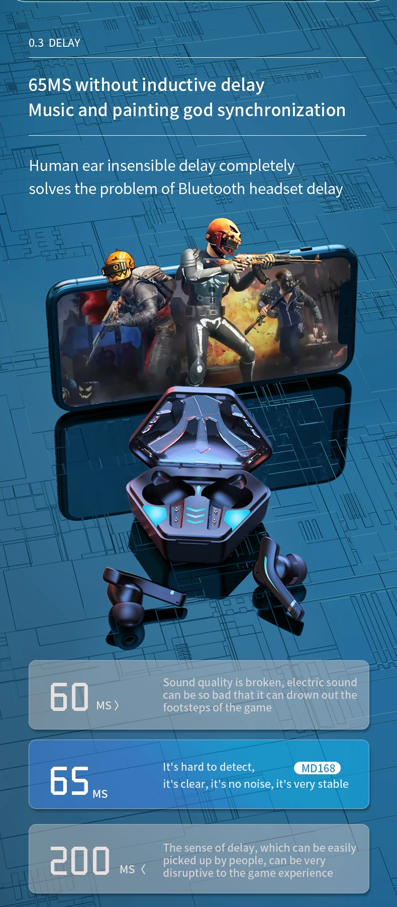 
MD168 Tws Wireless Earbuds Dual Mode Gaming Headsets Low-Latency HIFI Stereo Sound Gamer Earphone Headphone 