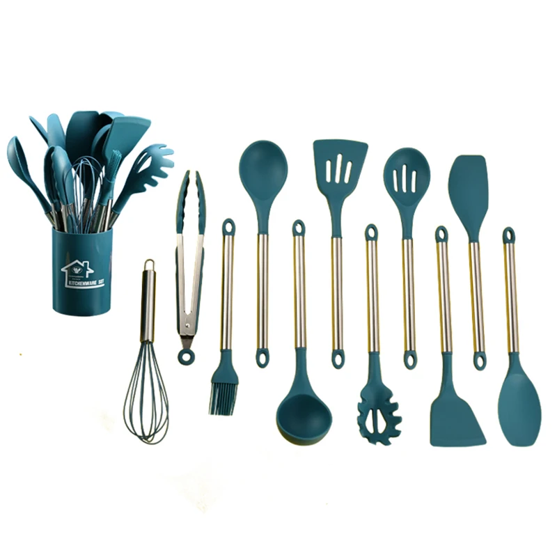 kitchen utensils amazon silicon BPA Free Non Toxic 11 pcs Stainless steel handle set with round