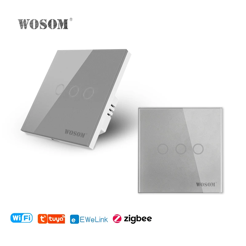 WOSOM Professional manufacturer TSW3-T Tuya 3Gang/1Way WIFI remote touch switch double gang smart switch zigbee