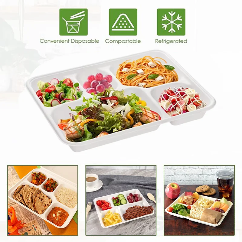 Rectangle Disposable Compostable  Sugarcane Bagasse Divided Plates Biodegradable 5 Compartment Paper Plate