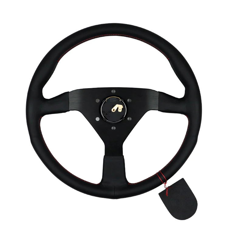 Universal Racing Steering Wheel Montecarlo Black Leather with Red Stitching Red Horn 350mm