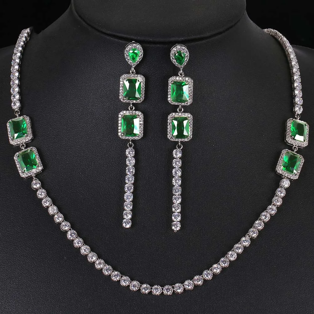 Luxury Choker Necklace And Tassel Long Earrings Sets Bridal Luxury Cubic Emerald Zirconia Jewelry Set