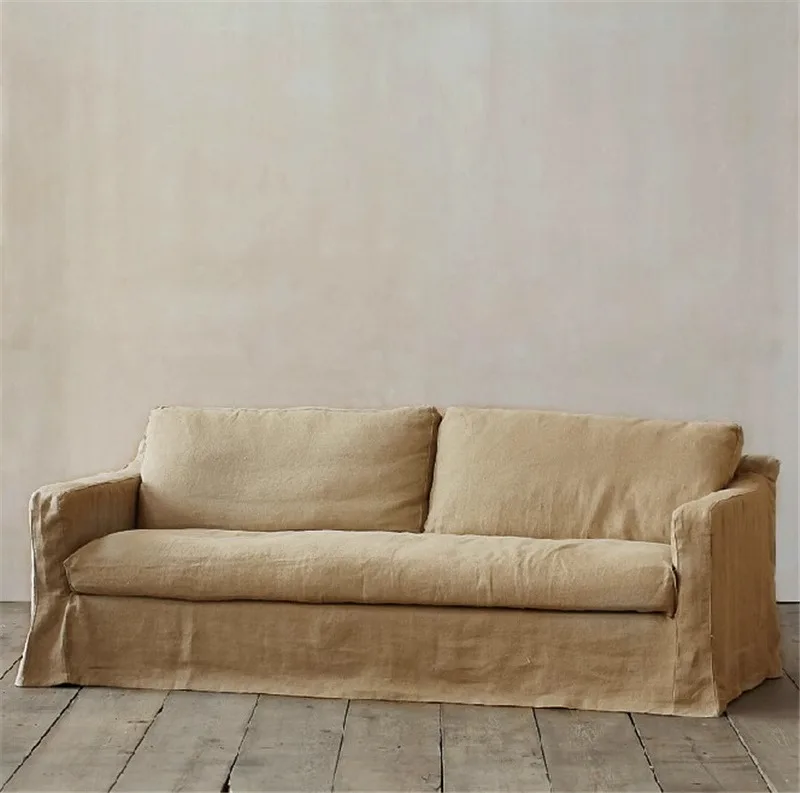 Wabi-sabi cotton hemp sofa living room home fabric three sofa can be dismantled and washed retro soft bag sofa customized