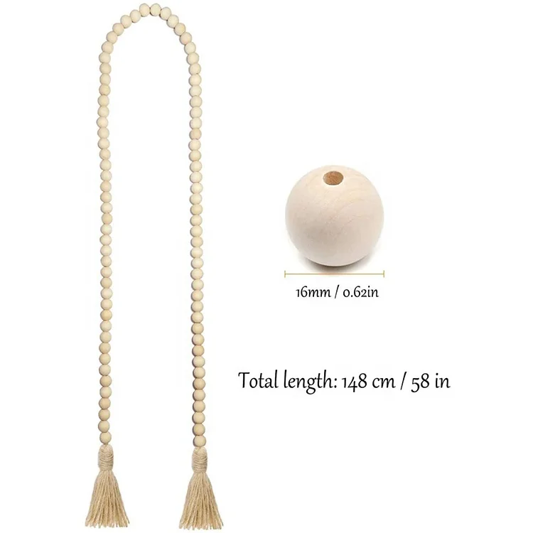 58in Wood Bead Garland with Tassels Farmhouse Beads Rustic Nature Country Decor Prayer Boho Beads Wall Hanging Decoration